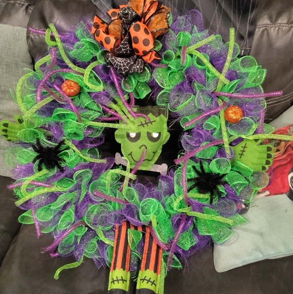 Hand Crafted Halloween Wreath with Frankenstein, Green and Purple Mesh - Picture 2 of 5